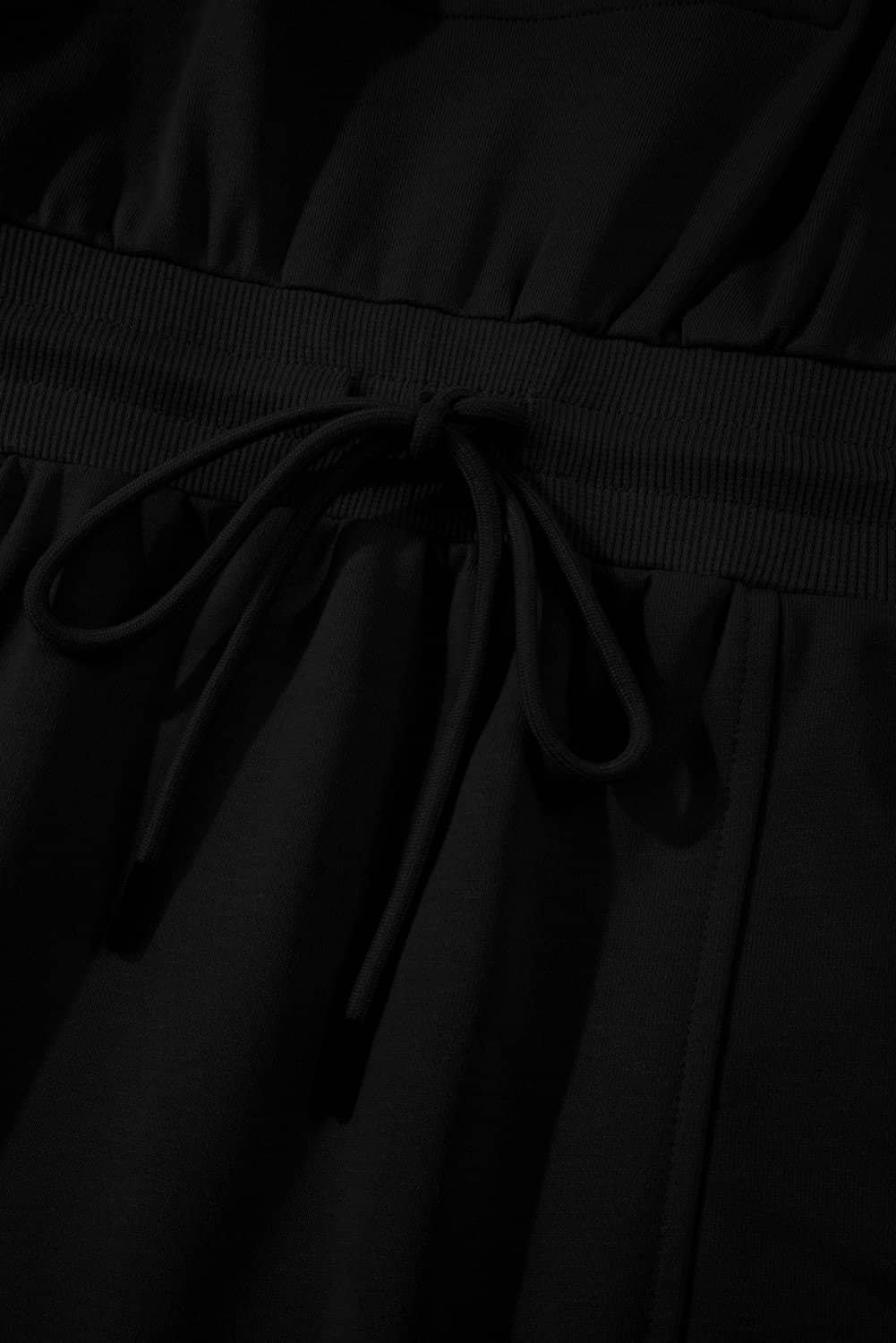 Black French Terry Zipped Collar Sleeveless Drawstring Waist Mini Dress