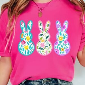 Rose Red Floral Easter Bunny Graphic Crew Neck Easter Tee