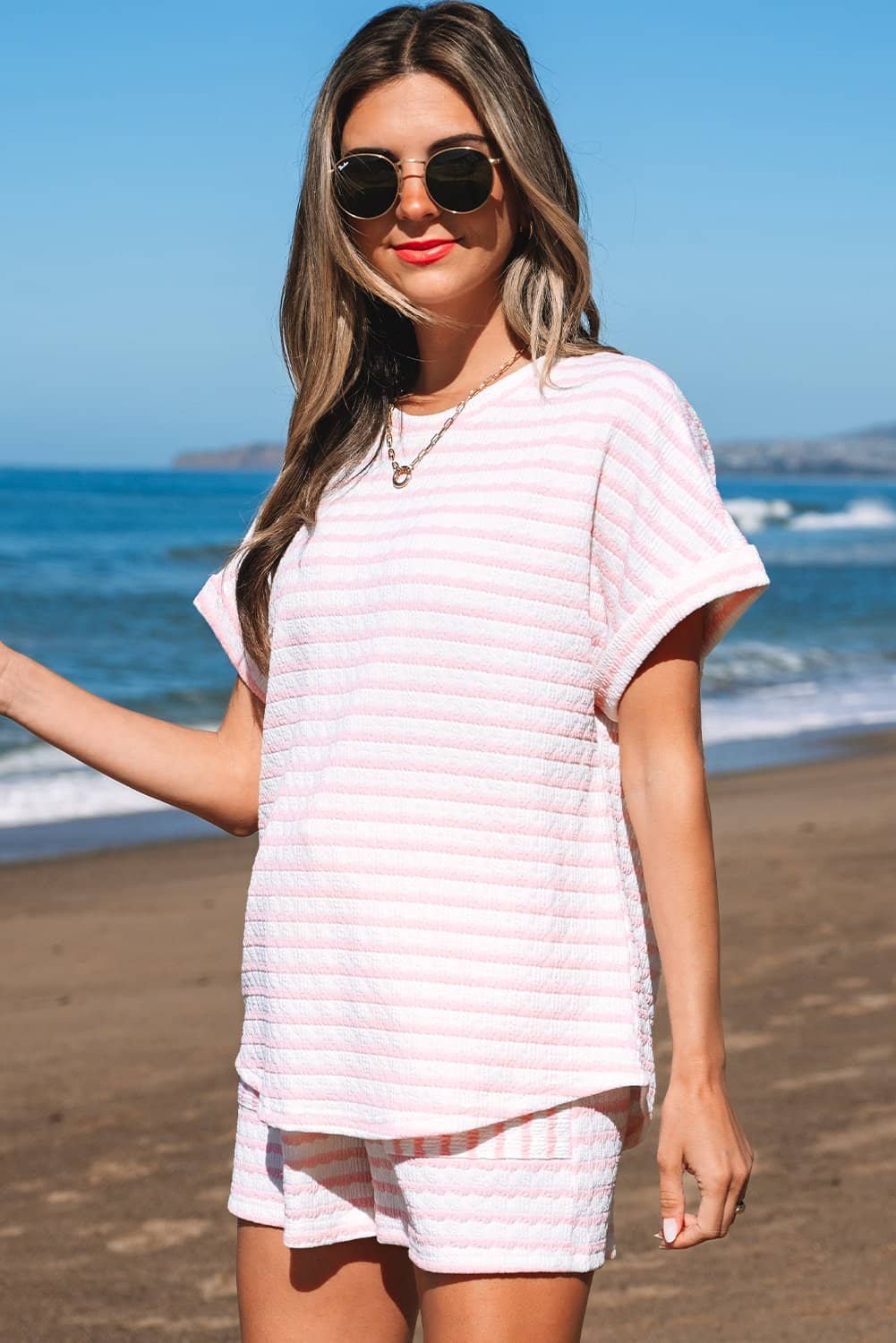 Pink Stripe Knitted Short Sleeve Top And Drawstring Shorts Set