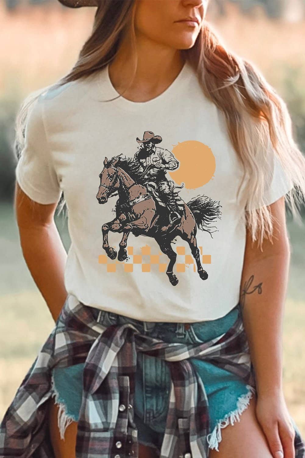 White Sunset Cowboy Print Western Fashion T Shirt