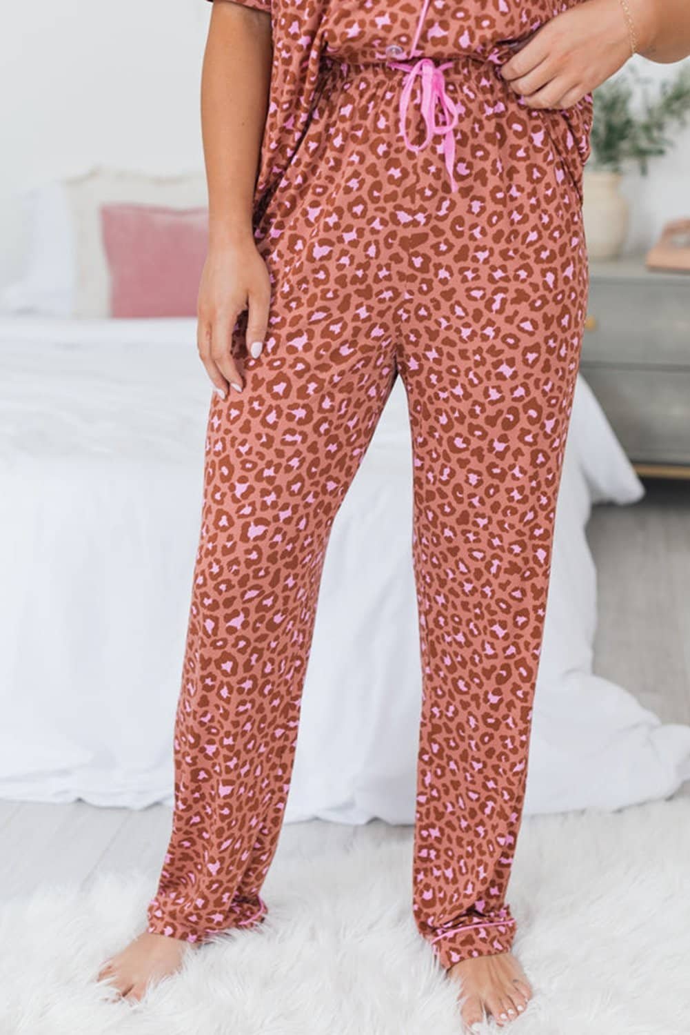 Brown Leopard Print Short Sleeve Shirt And Pants Pajamas Set