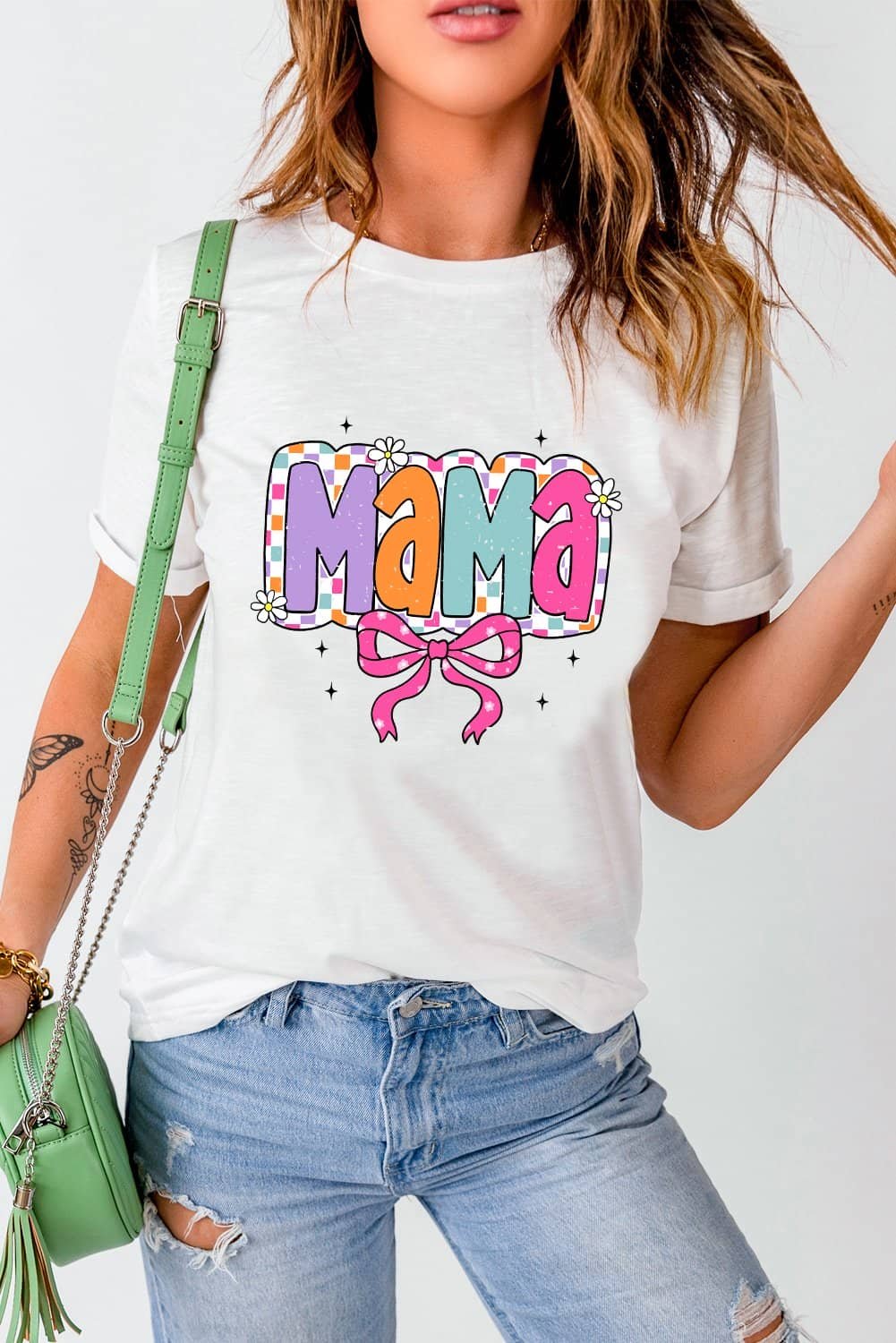 White Cute Mama Bow Graphic Crewneck T Shirt