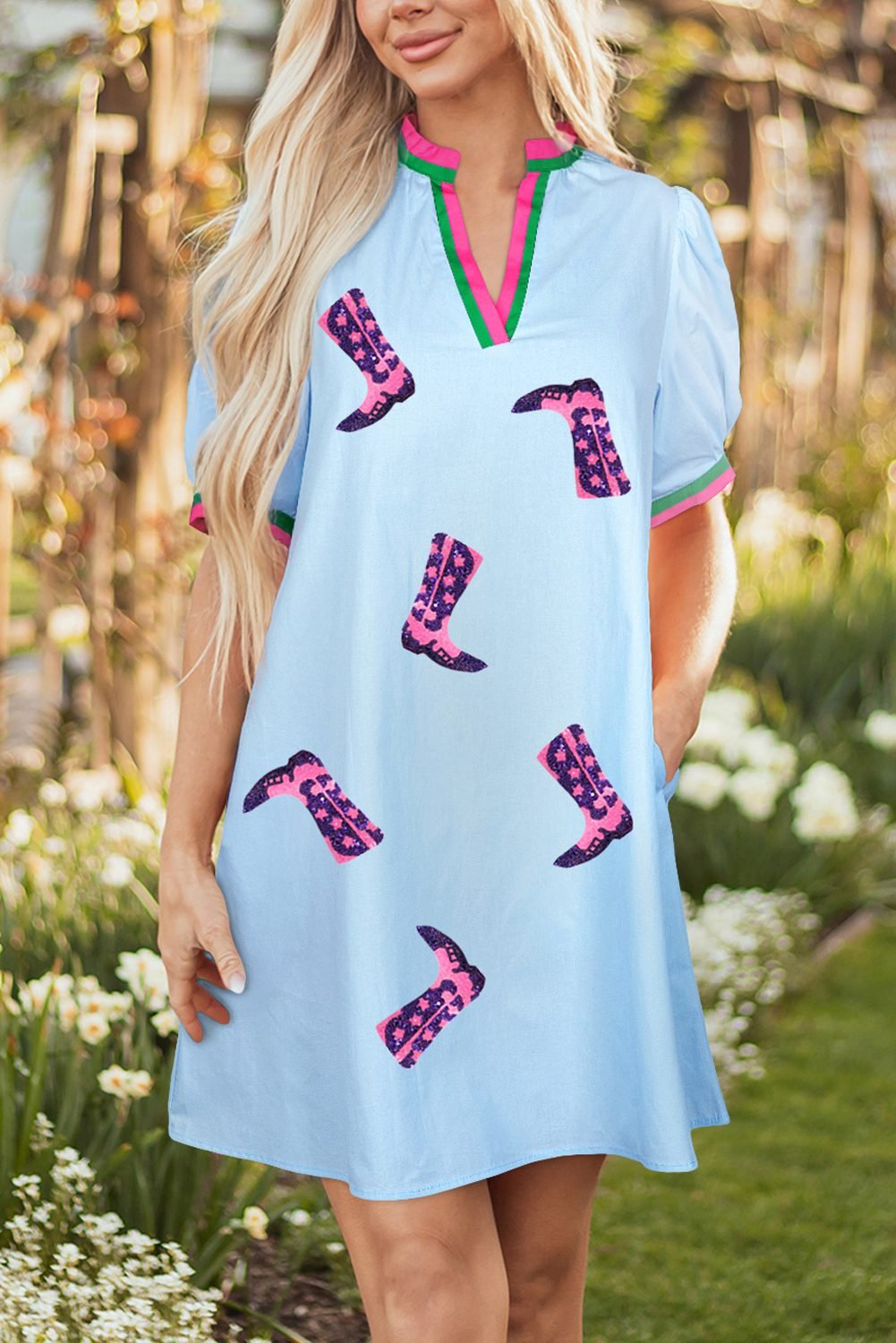 Myosotis Sequined Cowgirl Boots Pattern Contrast V Neckline Half Puff Sleeve Dress