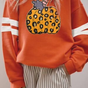 Orange Leopard Pumpkin Graphic Varsity Oversized Sweatshirt