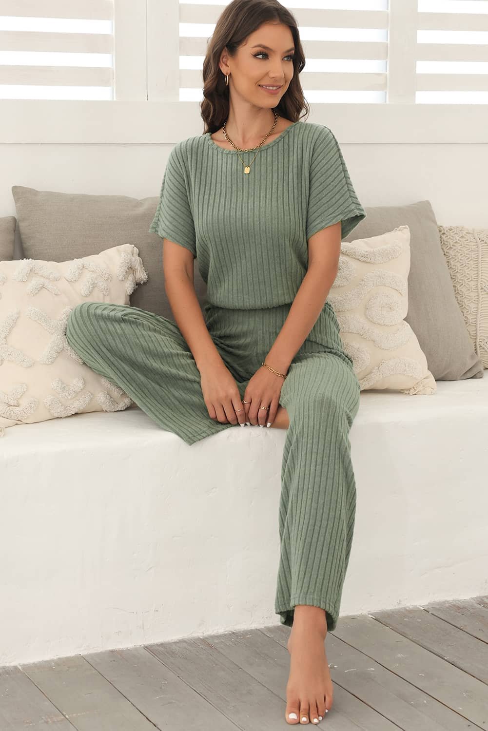 Laurel Green Ribbed Keyhole Short Sleeve Wide Leg Jumpsuit