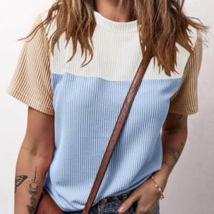 Light Blue Rib Textured Colorblock T Shirt
