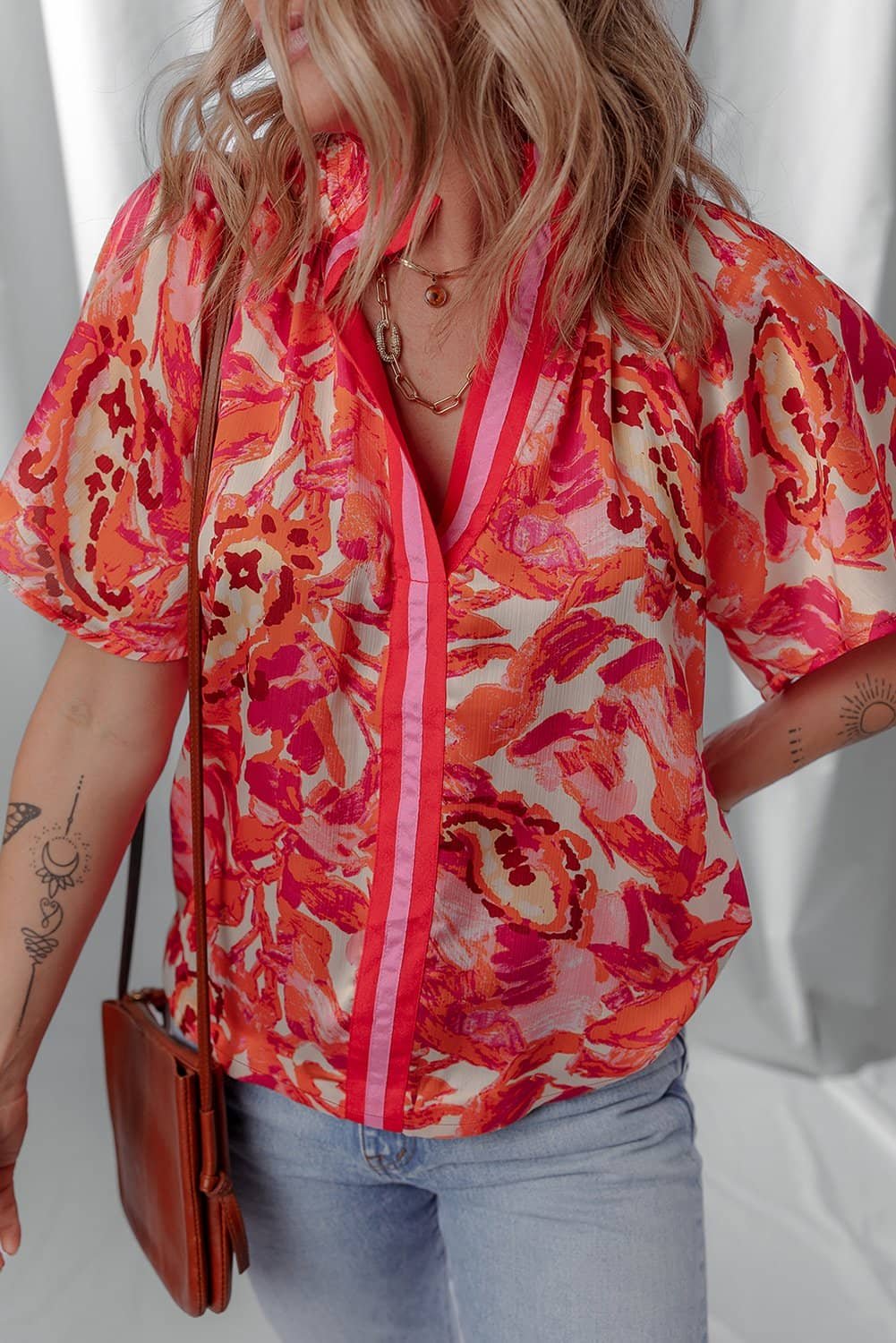 Rose Abstract Print Striped Trim Split Neck Blouse