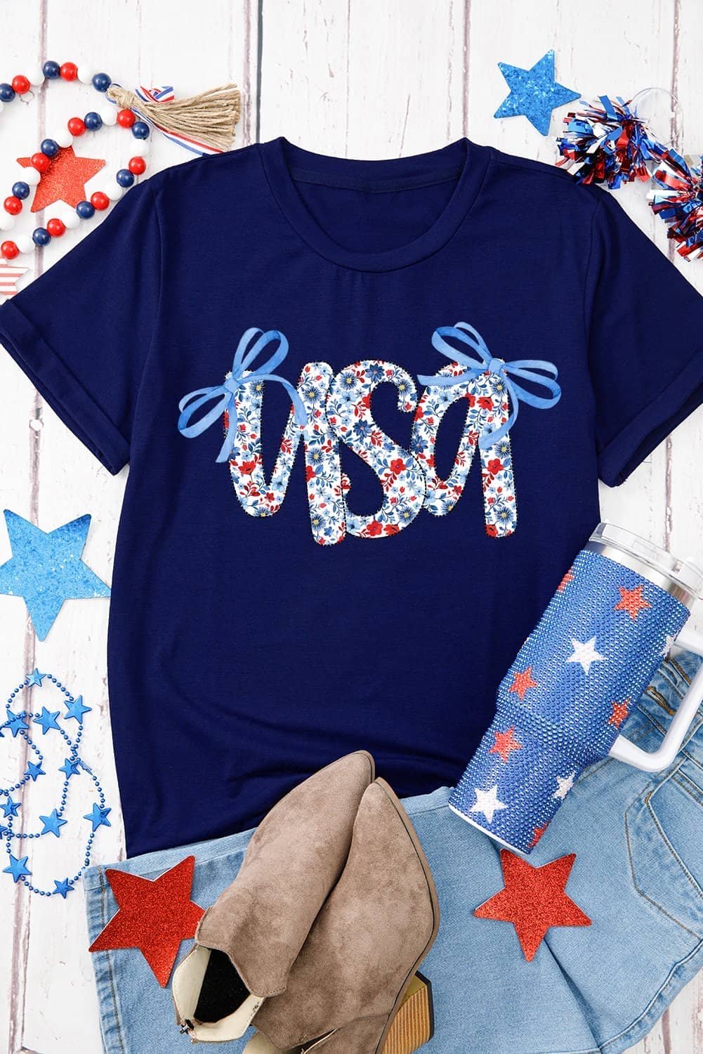 Blue Bow Floral Usa Letter Print Independence Day T Shirt