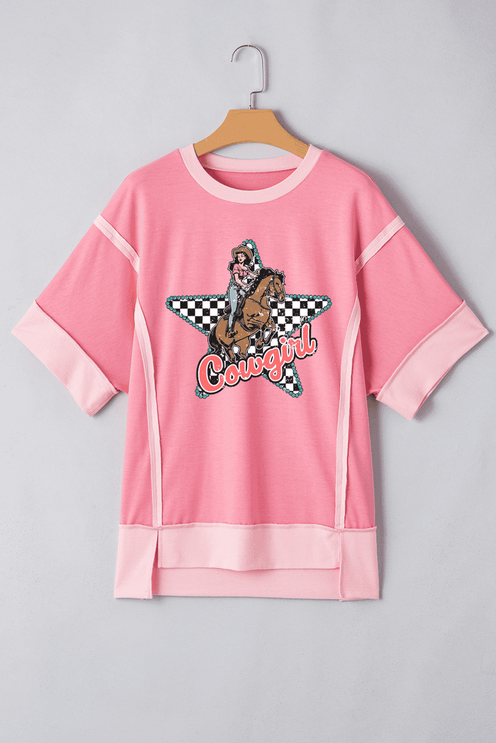 Peach Blossom Cowgirl Checkered Star Shape Print Exposed Seam T Shirt