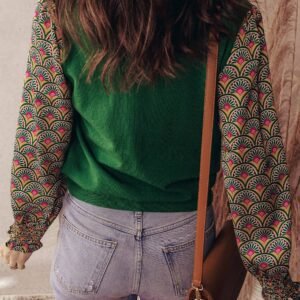 Blackish Green Floral Patchwork Shirred Cuff Puff Sleeve Sweater