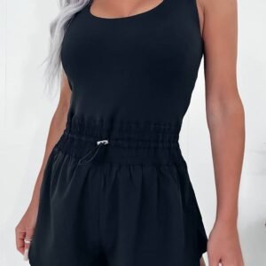 Black Plain Sleeveless Loop Drawstring Cinched Waist Romper