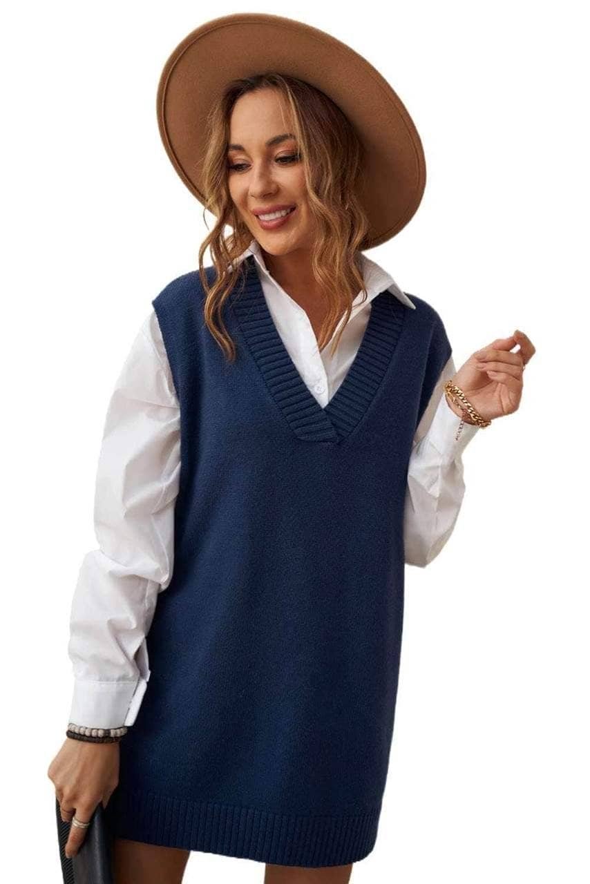 Dark Blue Knit Vest Pullover Sweater