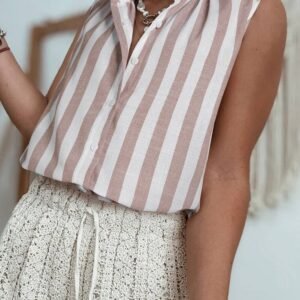 Khaki Stripe Casual Button Down Sleeveless Shirt