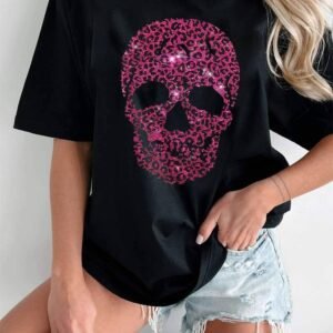 Black Rhinestone Leopard Skull Graphic Crewneck Casual T Shirt
