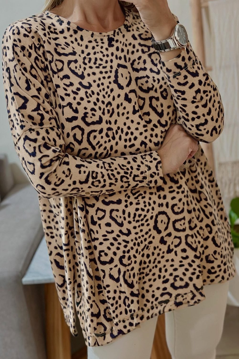 Khaki Leopard Print Long Batwing Sleeve Loose Top