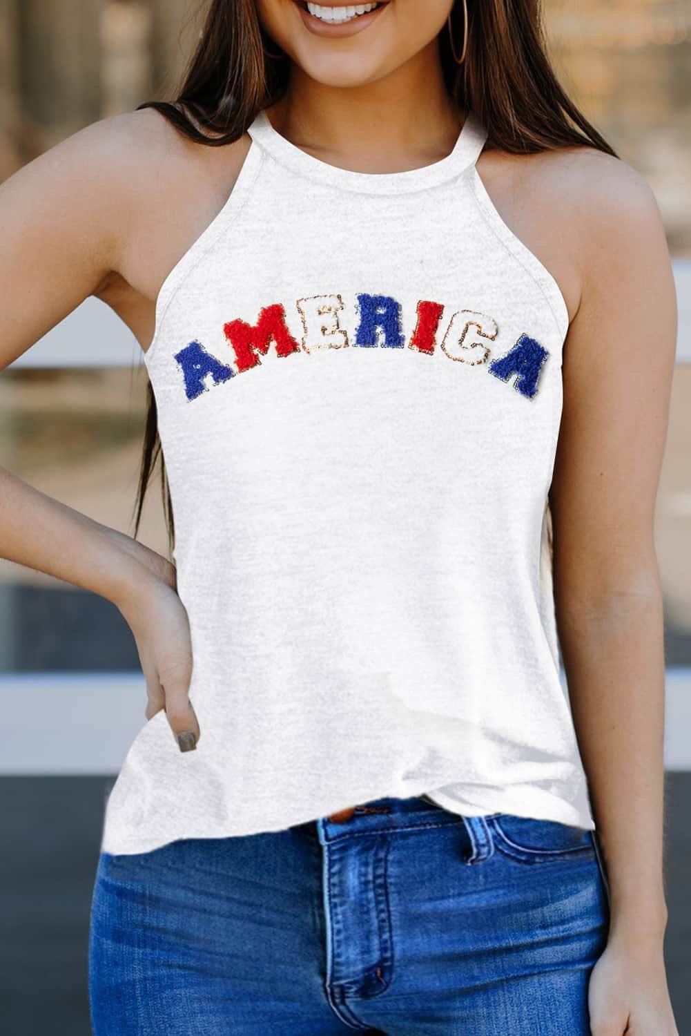 White Chenille America Graphic Tank Top