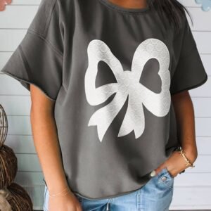 Medium Grey Lace Bow Raw Edge Drop Shoulder Casual T Shirt