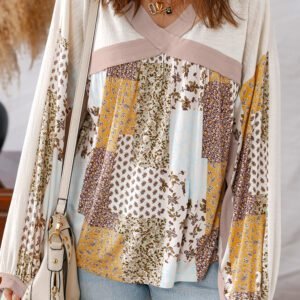 White Floral Printed Contrast Patchwork Long Sleeve Top