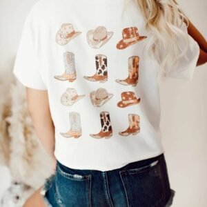 White Double-Side Cowboy Hat & Boots Graphic Tee