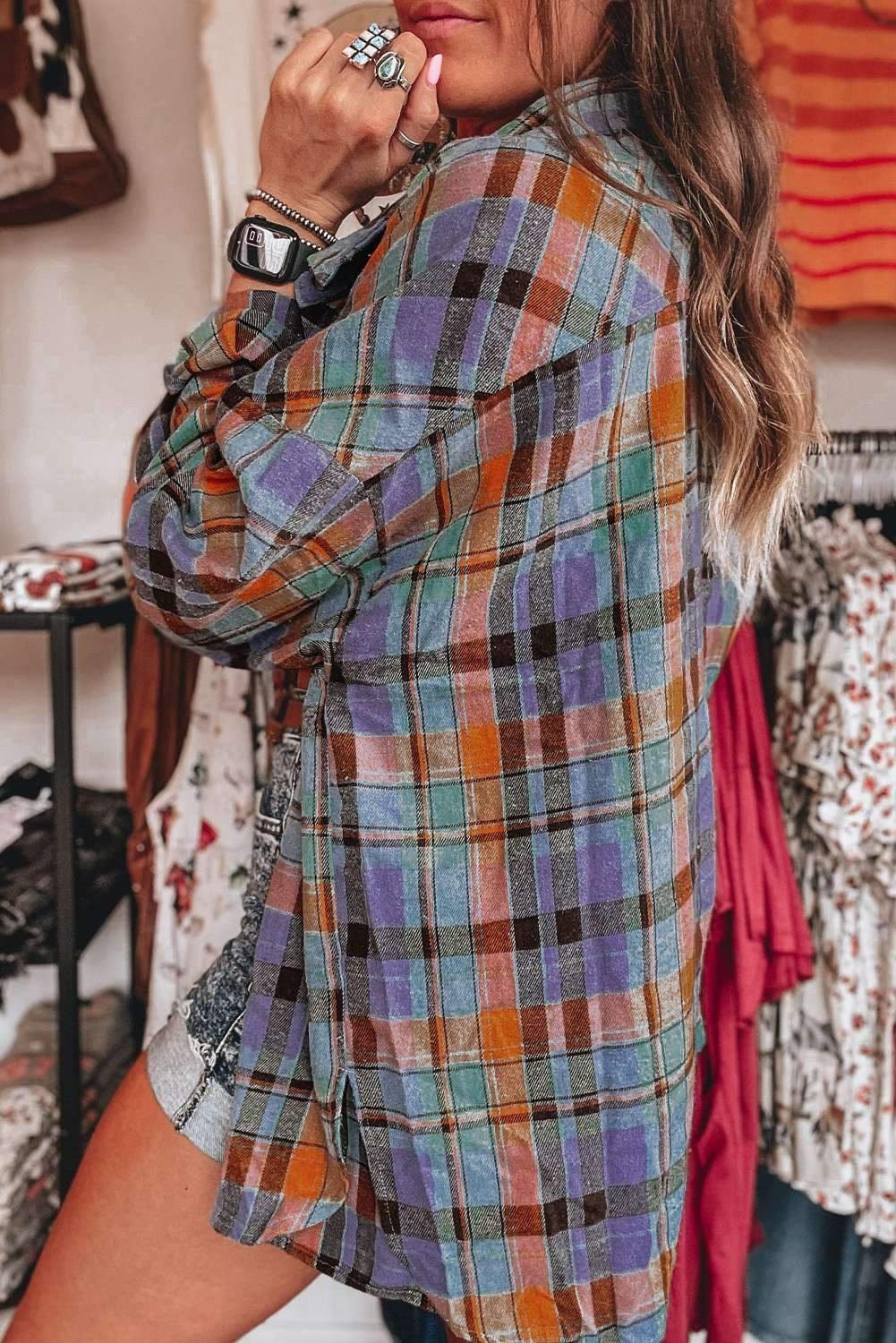 Orange Plaid Print Loose Vintage Shirt