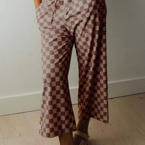 Khaki Checkered Elastic High Waist Loose Casual Pants