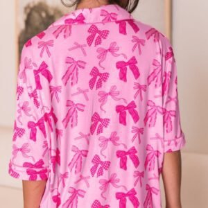 Pink Bow Print Half Sleeve Shirt And Shorts Pajamas Set