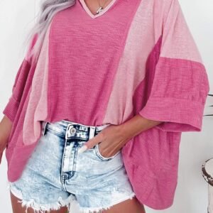 Bright Pink Textured Colorblock 3/4 Sleeve Oversize Top