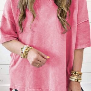 Strawberry Pink Mineral Wash Drop Sleeve Patchwork Plus Tee