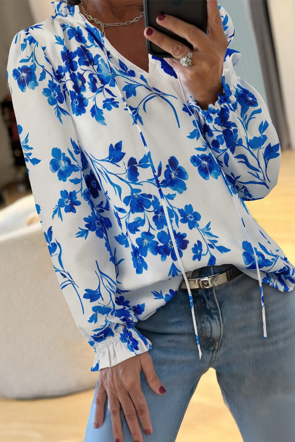 Blue Floral Long Sleeve Lace-Up V Neck Blouse