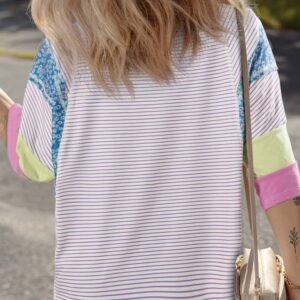 Purple Stripe Floral Color Block Raw Edge Patchwork Bracelet Sleeve Blouse