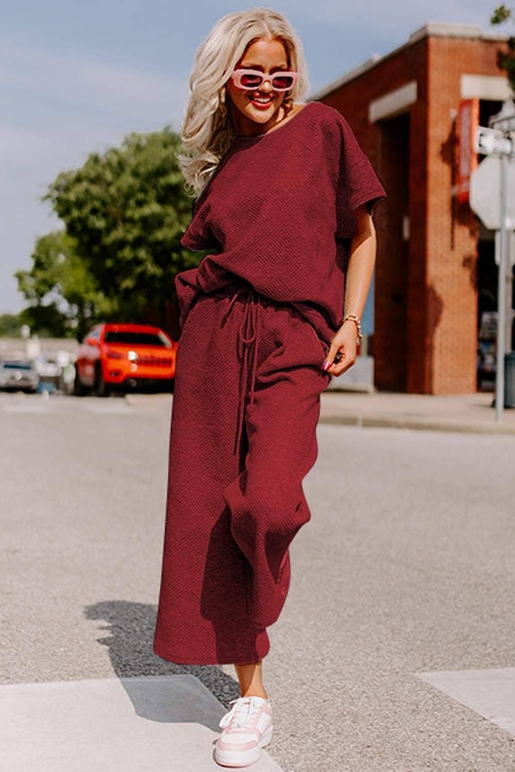 Red Dahlia Textured Loose Fit T Shirt And Drawstring Pants Set