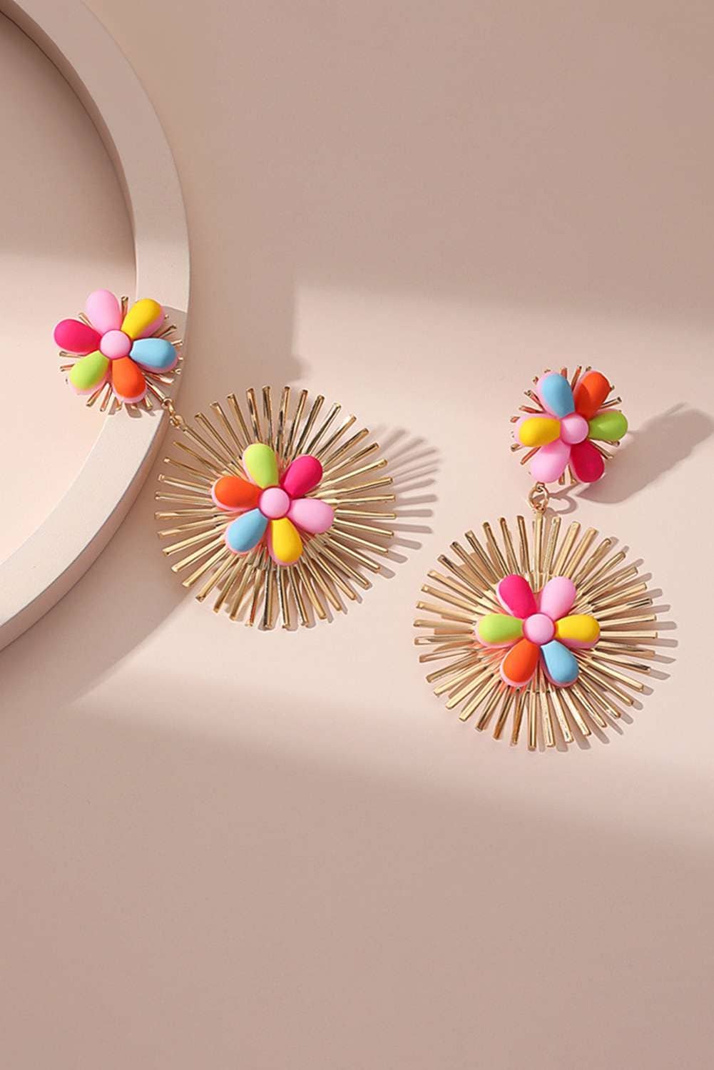 Red Colorful Flower Gold-Pleated Dangle Earrings