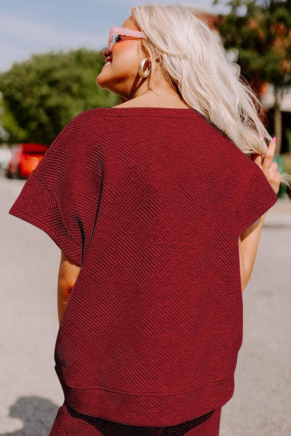 Red Dahlia Textured Loose Fit T Shirt And Drawstring Pants Set