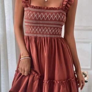 Red Sandalwood Geometric Stitch Shirred Bodice Ruffled Trim Sleeveless Mini Dress