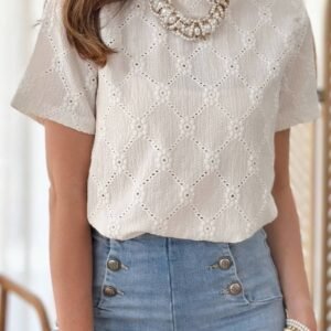 White Geometric Embroidered Slim Fit O Neck T Shirt