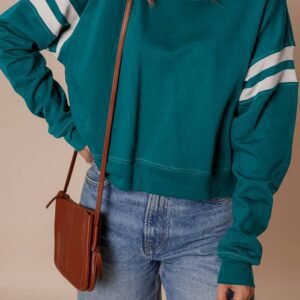 Blackish Green Contrast Striped Patchwork Round Neck Drop Shoulder Sweatshirt