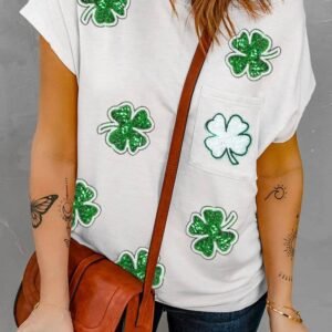White Sequin St Patrick Clover Patch Pocket Loose Tee