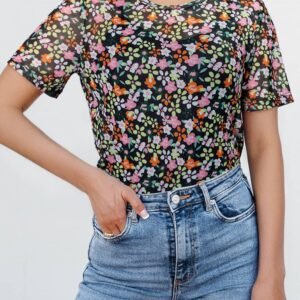Black Sheer Floral Mesh Round Neck T Shirt