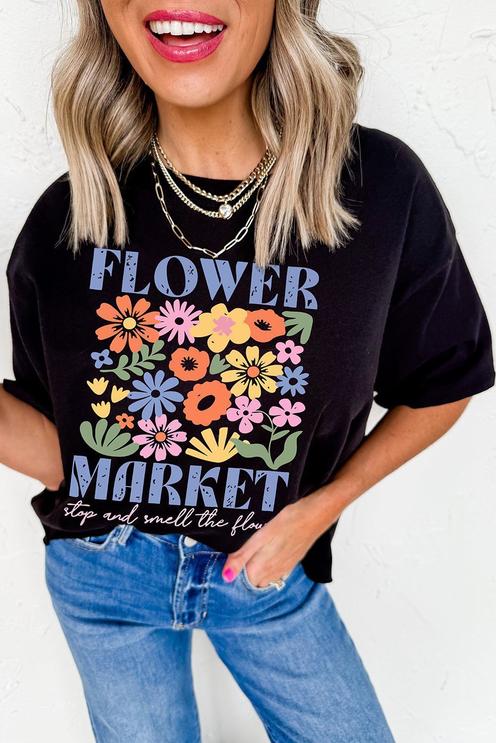 Black Flower Market Cotton Blend T Shirt