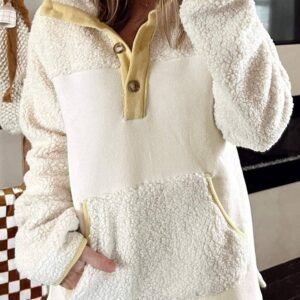 Beige Fleece Colorblock Trim Buttons Collar Sweatshirt With Pocket