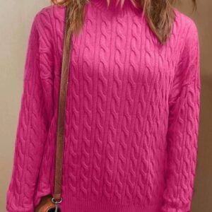 Rose Red Solid Cable Knit High Neck Drop Shoulder Sweater