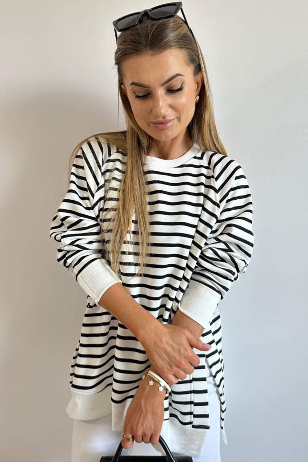 Black Stripe Raglan Sleeve Side Slits Loose Sweatshirt