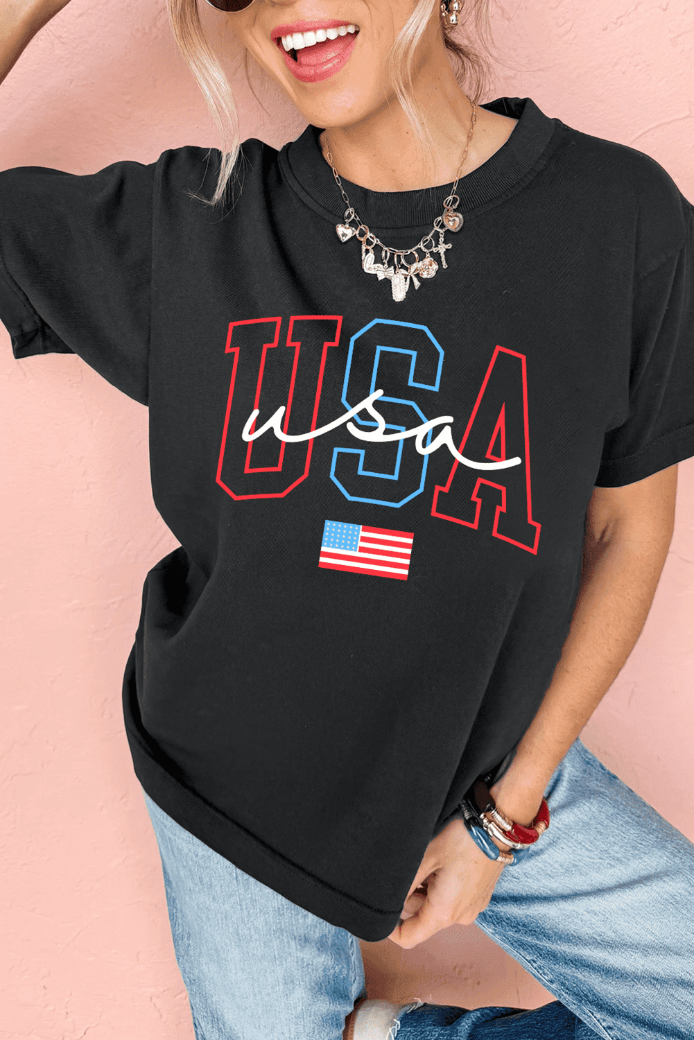 Black Usa Letter American Flag Print Casual T Shirt