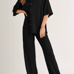 Black Solid Color Textured Buttoned Shirt And Casual Pants Set