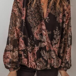Black Floral Print Criss Cross V Neck Balloon Sleeve Blouse