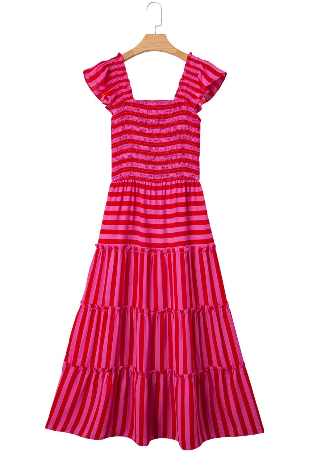 Rose Stripe Flutter Sleeve Smocked Bodice Tiered Maxi Dress