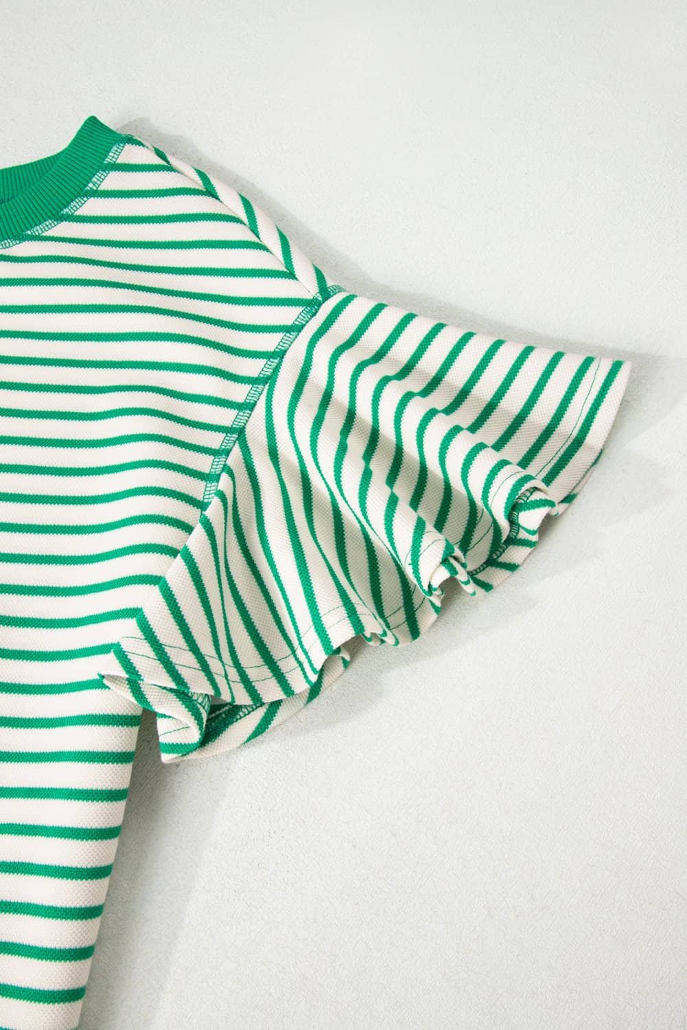 Bright Green Contrast Detail Striped Ruffle Short Sleeve Top