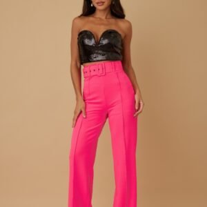 High Waist Pants With Buckle Belt Ruby Red