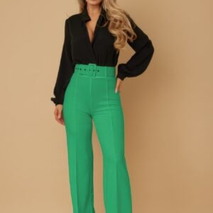 High Waist Pants With Buckle Belt Green