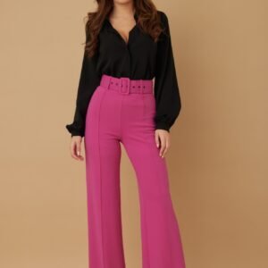 High Waist Pants With Buckle Belt Rose